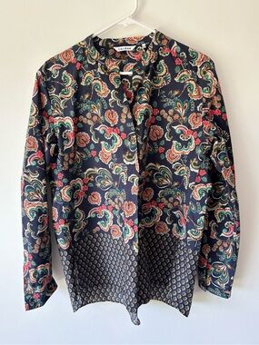 Caliban Navy Blue Paisley Floral Geometric Print Cotton Blouse Made in Italy
